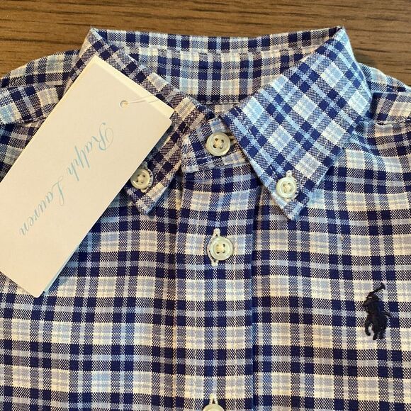 Ralph Lauren Kids Button Up Long Sleeve Shirt in Navy, Blue, White Checks - NEW - Picture 2 of 7